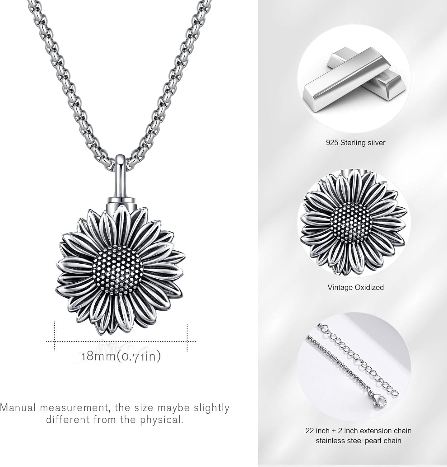 Sunflower Necklace for Women 925 Sterling Silver Sunflower Urn Necklace for Ashes Cremation Jewelry for Ashes Memorial Gifts for Women Loss Loved One - Image 3