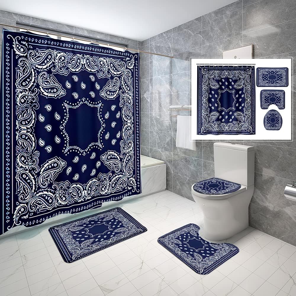 4 Piece Western Shower Curtain Waterproof White and Blue Geometric Line White Bandana Bathroom Sets with Non-Slip Rugs, Toilet Lid Cover and Bath Mat with Standard Size