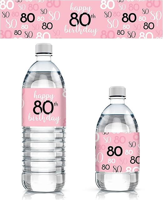 80th Birthday Water Bottle Labels for Women – 24 Pink, Black & White Waterproof Wrappers, 80th Birthday Party Decorations & Supplies for Her