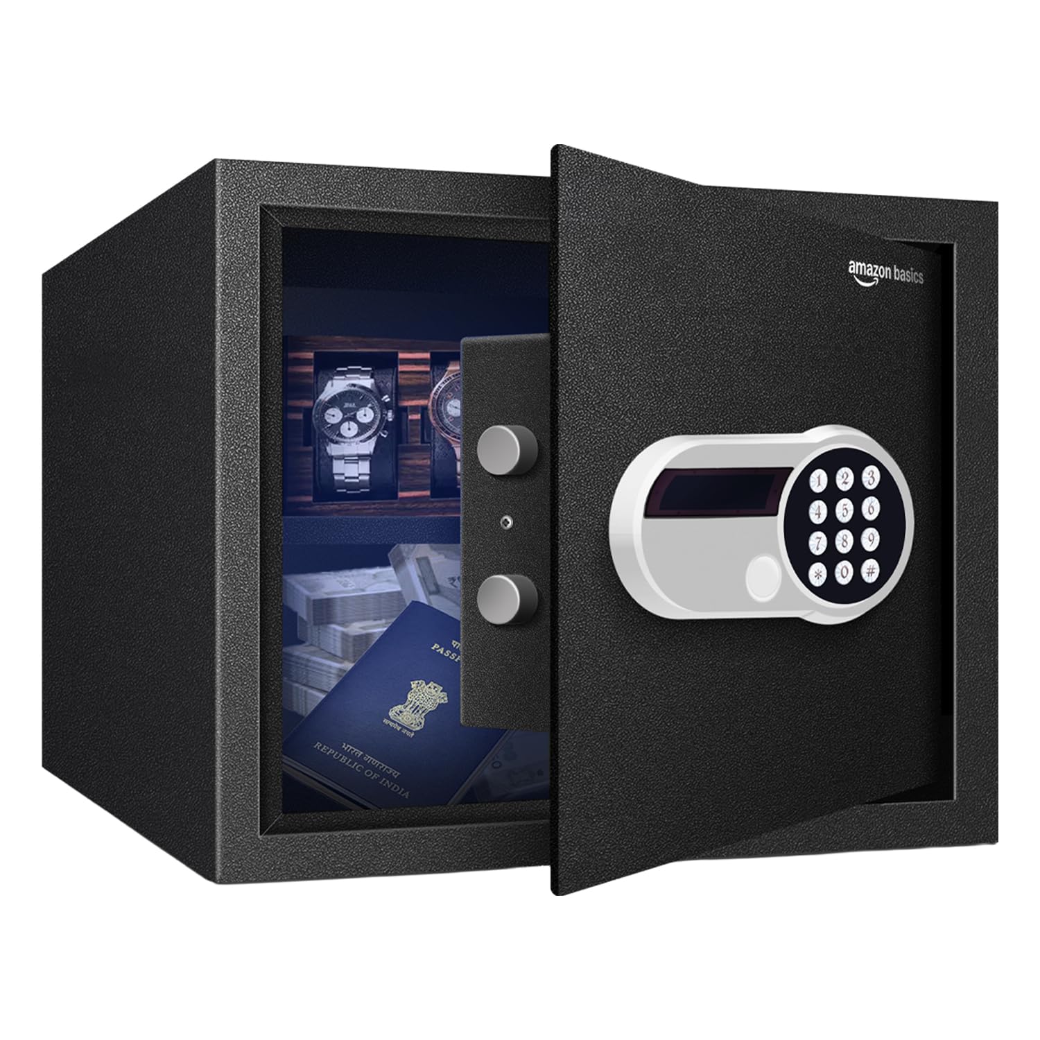 Amazon Basics 30 Litres Digital Safes for Hotel & Office - Digital Lock 3-in-1 unlocking |locker safe with Motorized Door Locking Mechanism | Size : 32 H x 40 W x 32 D(cm) | Black | Weight: 13 Kgs
