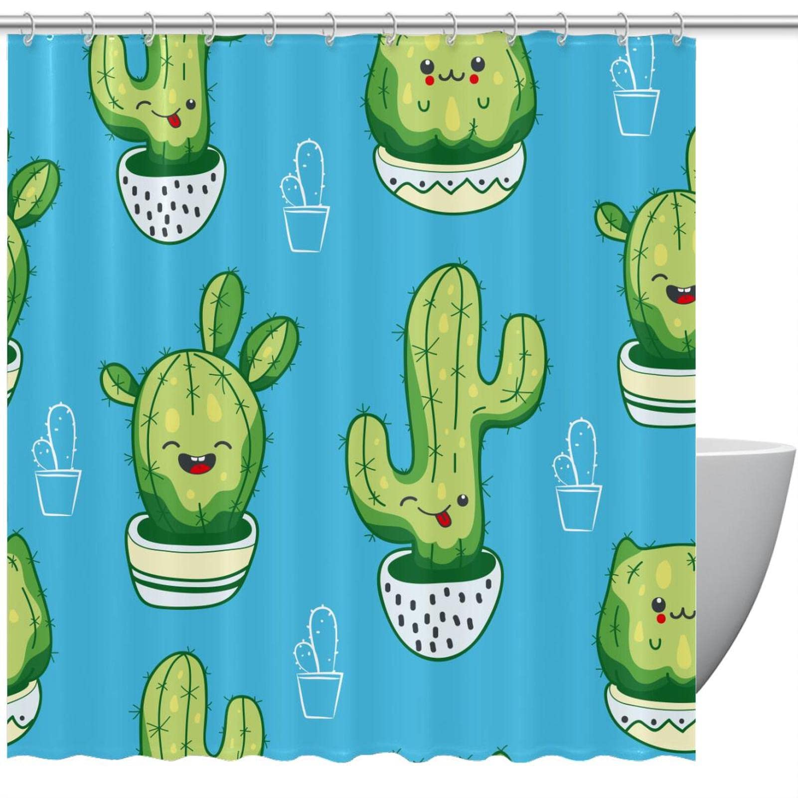 Rideau de douche imperméable cactus vert 152x182 cm avec 12 crochets pour salle de bain