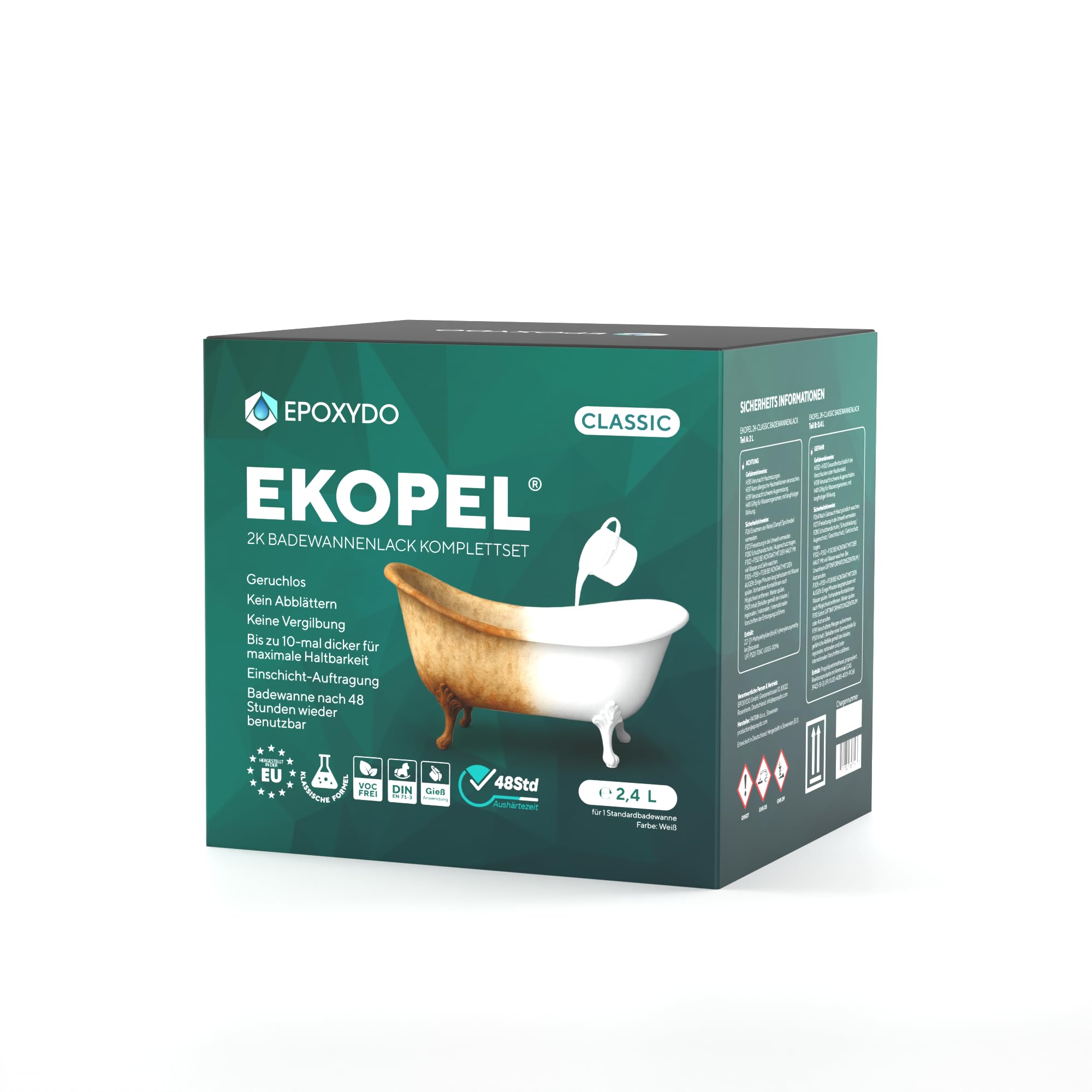 EKOPEL 2K-SET Bathtub Liner - Bath Paint - Finish for Bathtub - Washbasin - Odourless - Thick Layer - Easy Pouring Application - White, 3.4 kg