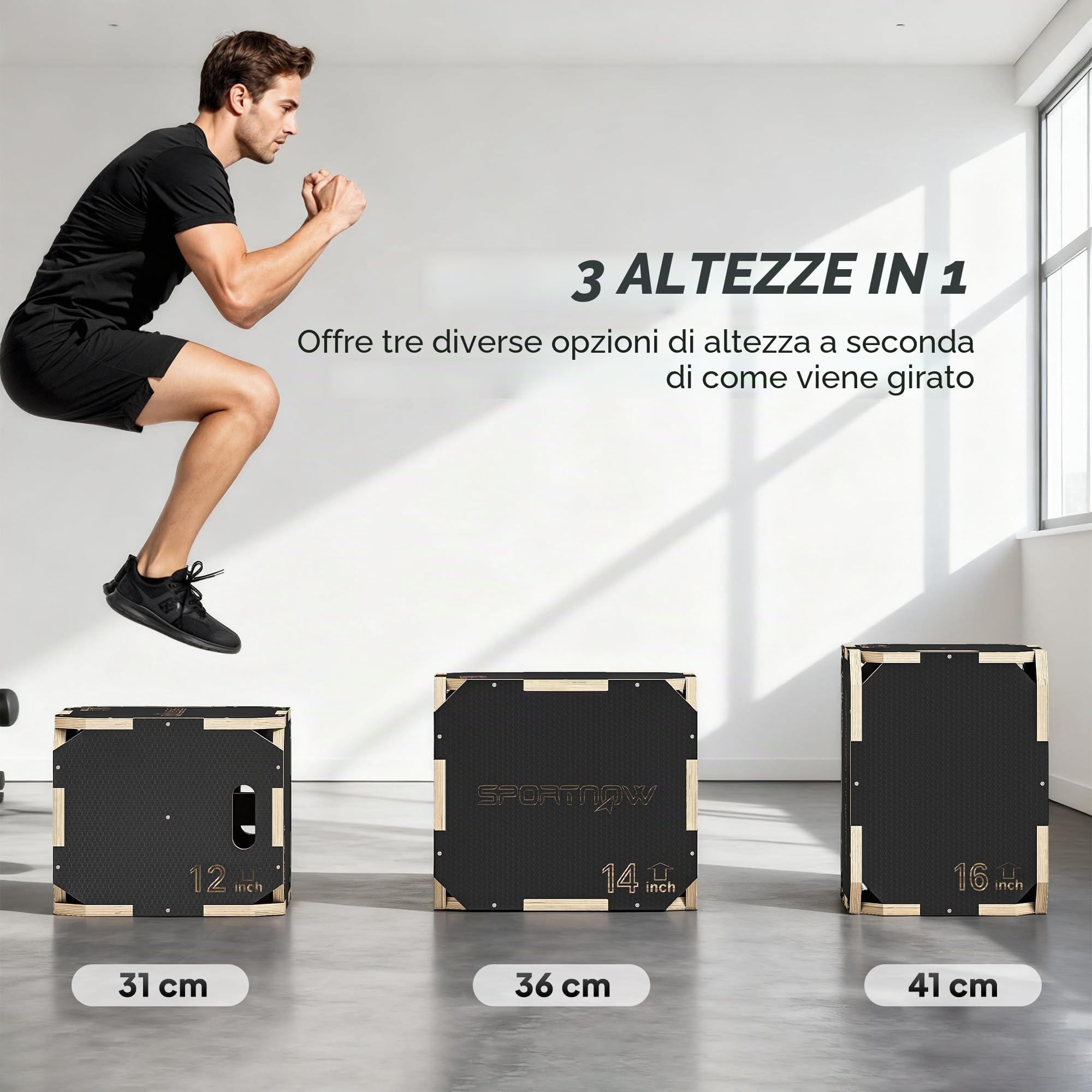 SPORTNOW Cassetto pliometrico in legno 3 in 1, piattaforma in scatola pliometrica con 3 altezze regolabili, manici, senza angoli, allenamento di salto, forza, per casa, palestra ed esterno