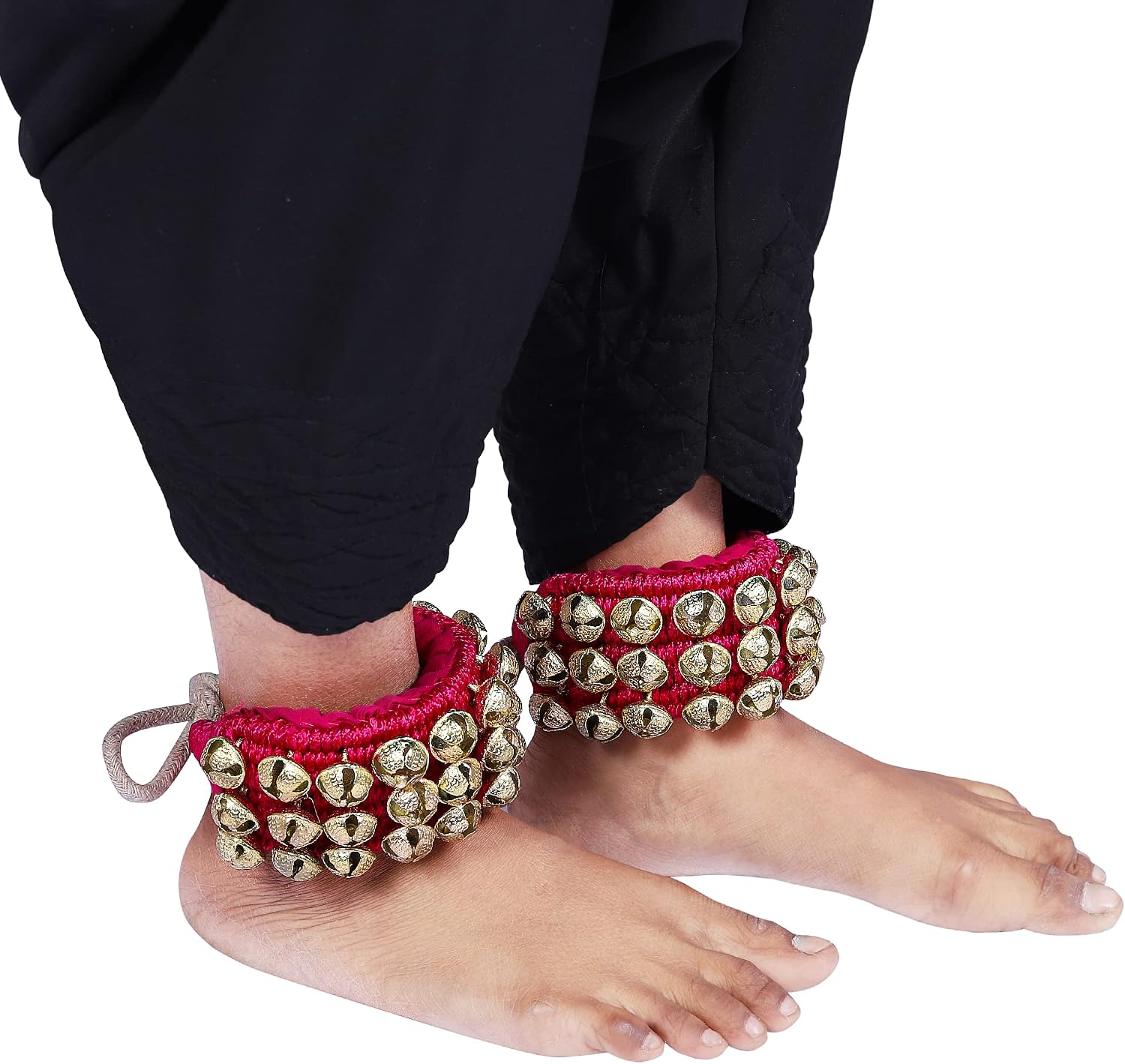 Dancing Bells Ghungroo Pair Indian Classical Dance Accessories with Colored Cushion Pad Best Dance Metal Brass Anklets Bells Ghunghroo Pad (Red, Triple Line)