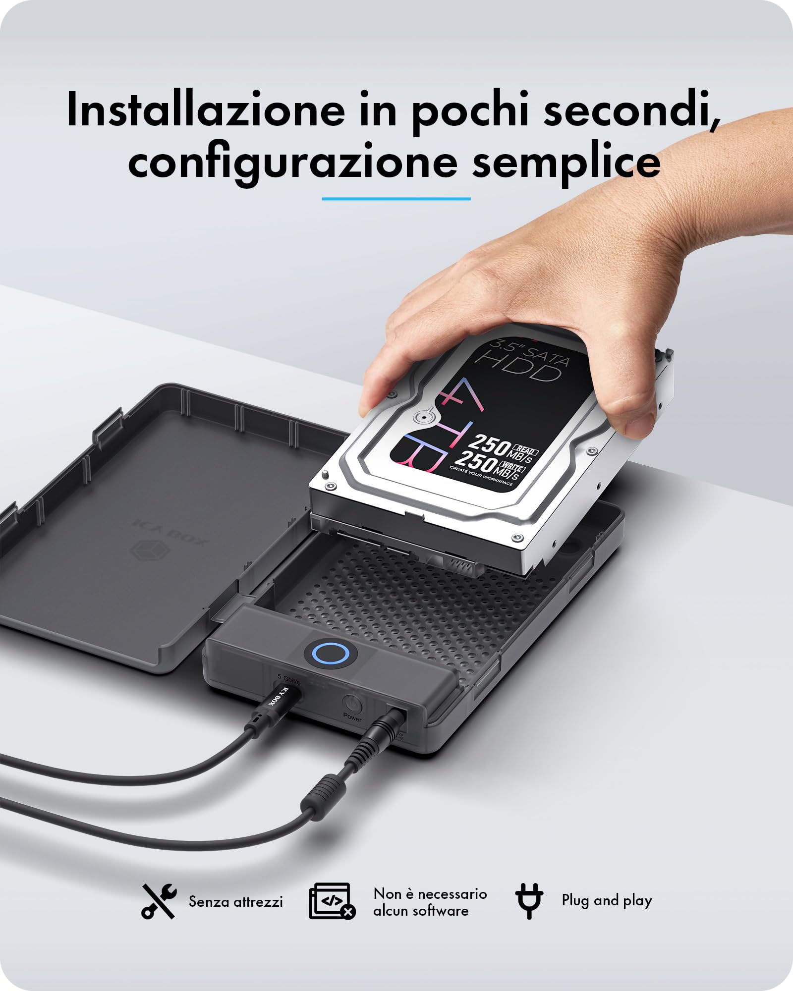 ICY BOX Spade Base 388 (case SATA 2,5"/3,5"), USB 3.2 Gen 1 Type-C, fino a 5 Gbit/s, UASP, Plug & Play, senza attrezzi, LED, fino a 30 TB, IB-388-CU3