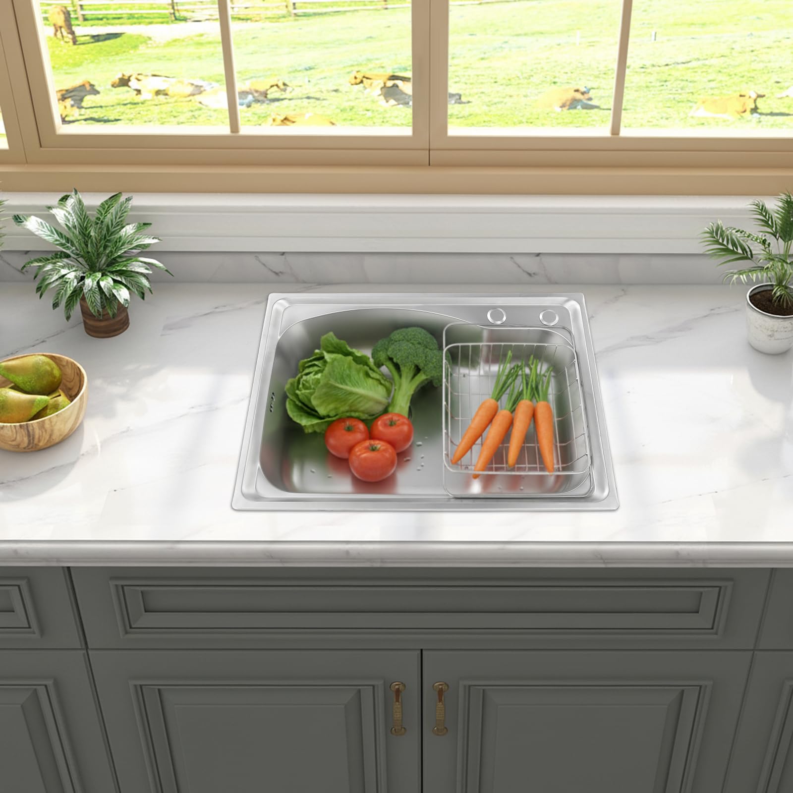 Fregadero Inox Cocina Empotrable Gran Capacidad, Fregadero Rectangular Moderno Plata, Demasiado Completo, Escurredor, Bajo Plano o Empotrado, Accesorios Incluidos, Fácil de Instalar 65x44x20cm