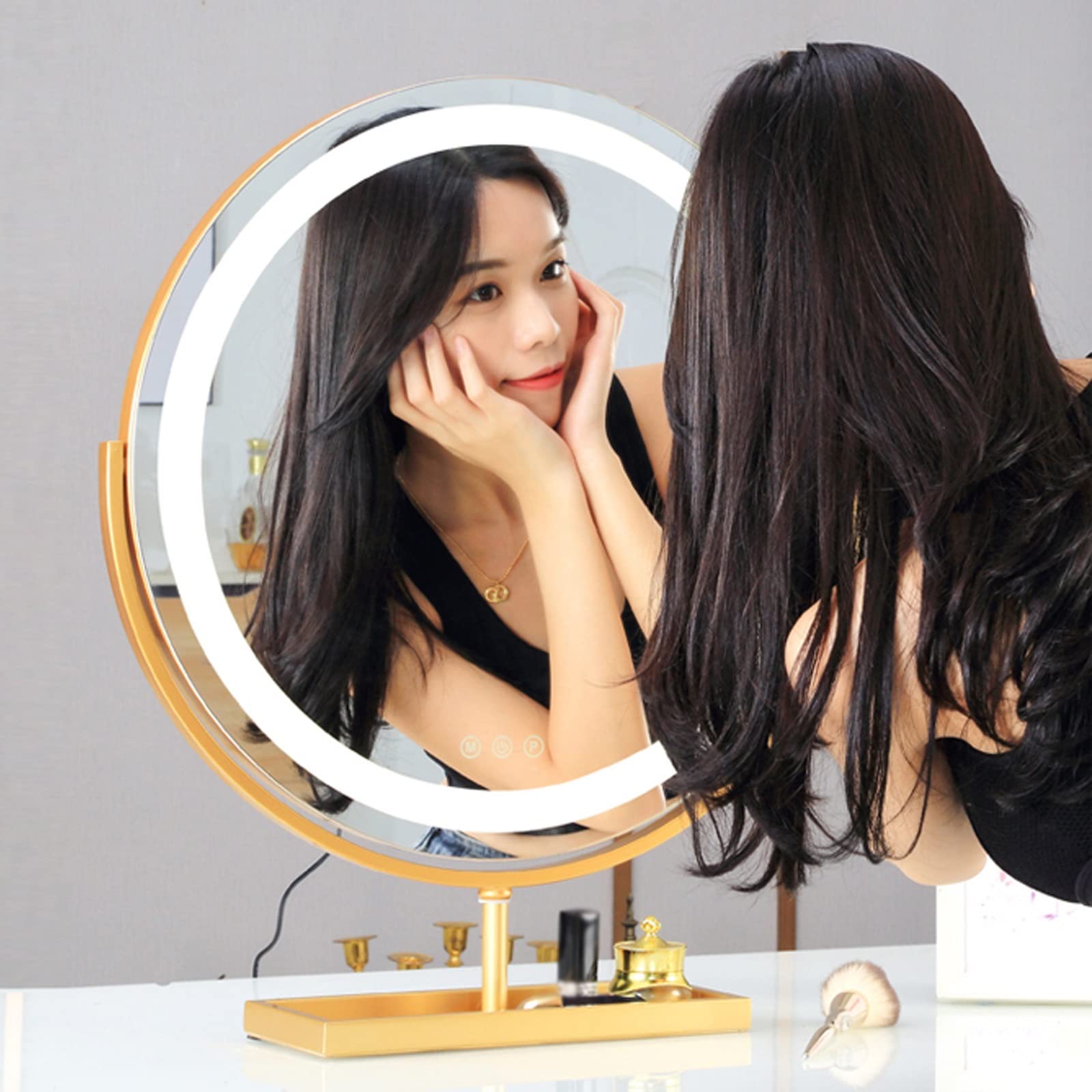 Specchio per Trucco Touchscreen Specchio da Trucco Hollywood con Luci, Specchio da Tavolo Rotondo, Specchio per Trucco da Terra Rotondo a LED, Sorgente di Luce a Tre Colori, Specchio Cosmeti