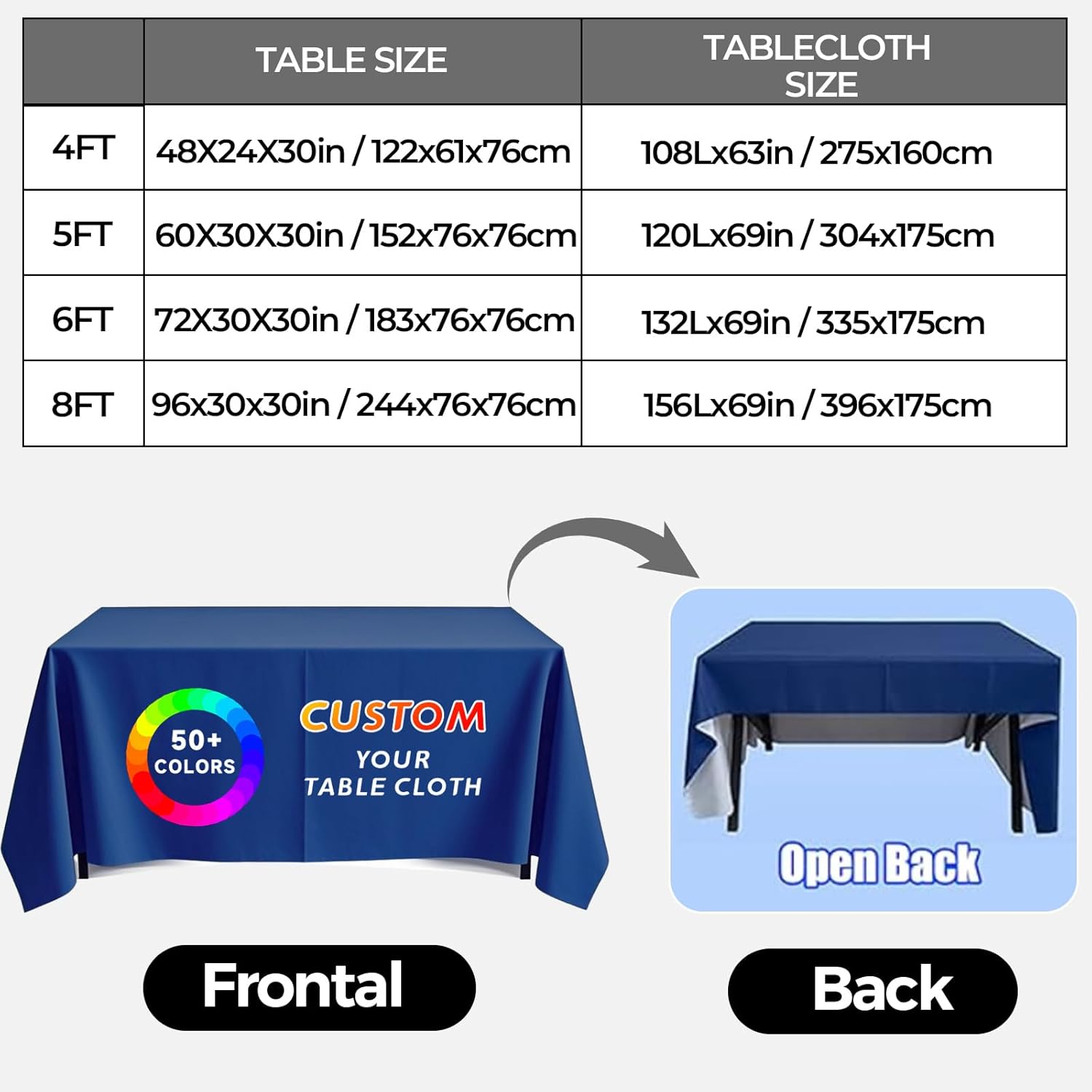 Premium Custom Tablecloth with Business Logo – Throw Style Trade Show Table Cover – Commercial Grade Polyester– Made in USA –1-Day Production Available in– 4FT 5FT 6FT 8FT.(Open Back 6FT"132x 69")