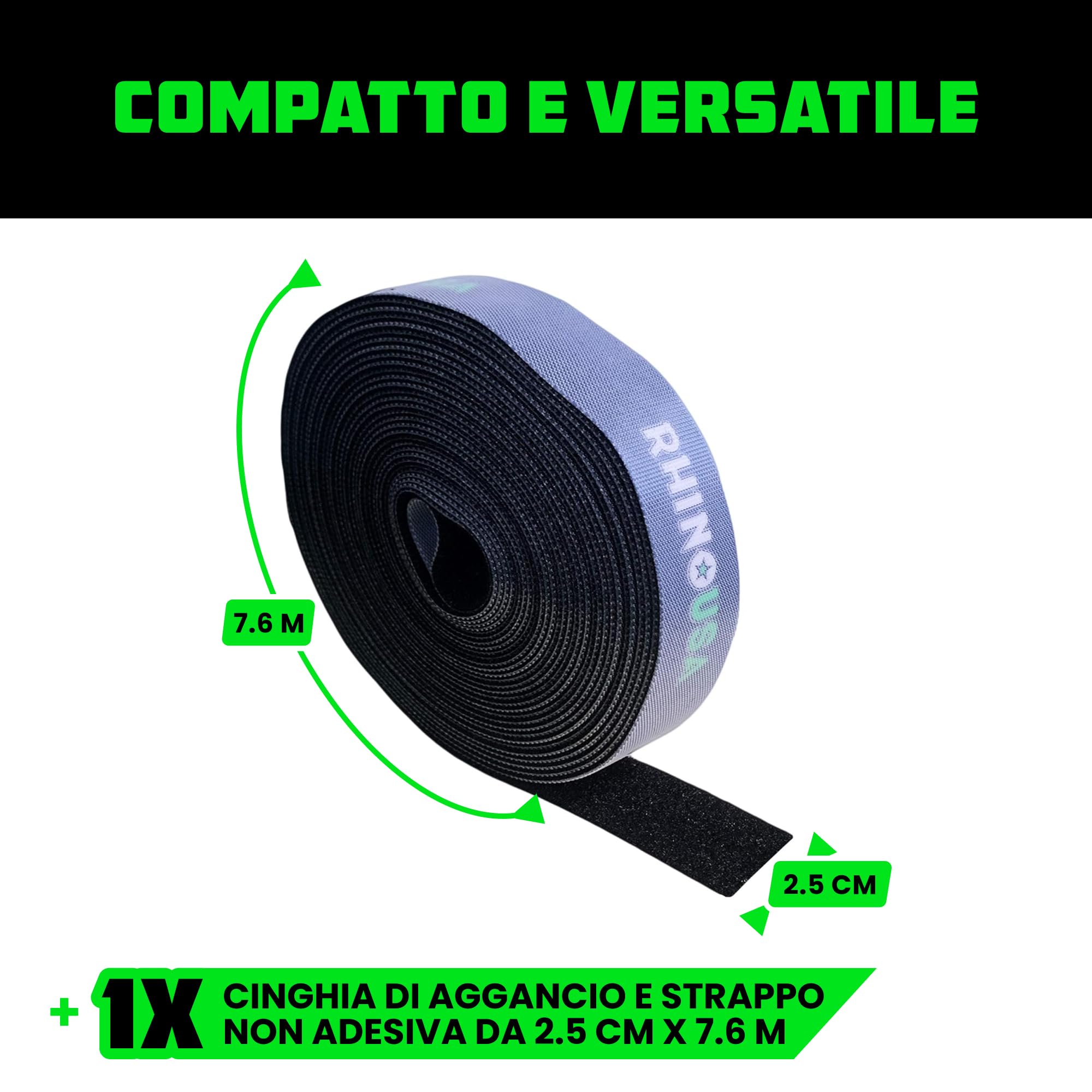 Rhino USA Rotolo di Nastro Adesivo e Gancio - Fissaggio a Incastro Riutilizzabile e Non Adesivo Per Cinghie, Corde e Organizzazione Dell'Attrezzatura - 2,5 cm x 7,6 m - Nero