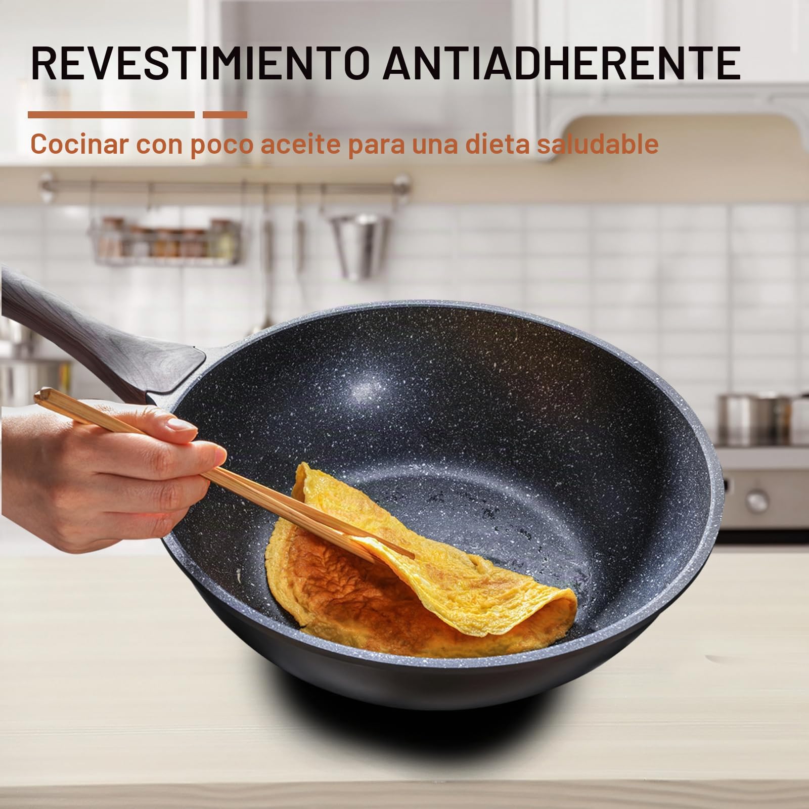 Kordisen Wok 30 cm, Wok de Inducción con Tapa, Revestimiento Antiadherente, Apto para Todo Tipo de Fuegos, Sin PFOA
