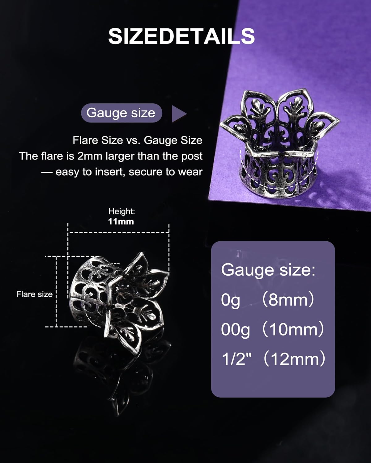 Jewseen 2PCS Stainless Steel Tunnels, Hollow Lotus Gauges for Ears, Stainless Steel Tunnels Flared Shape Earring Plugs Gauges, Push Back Piercing Expander Stretchers 8mm to 12mm