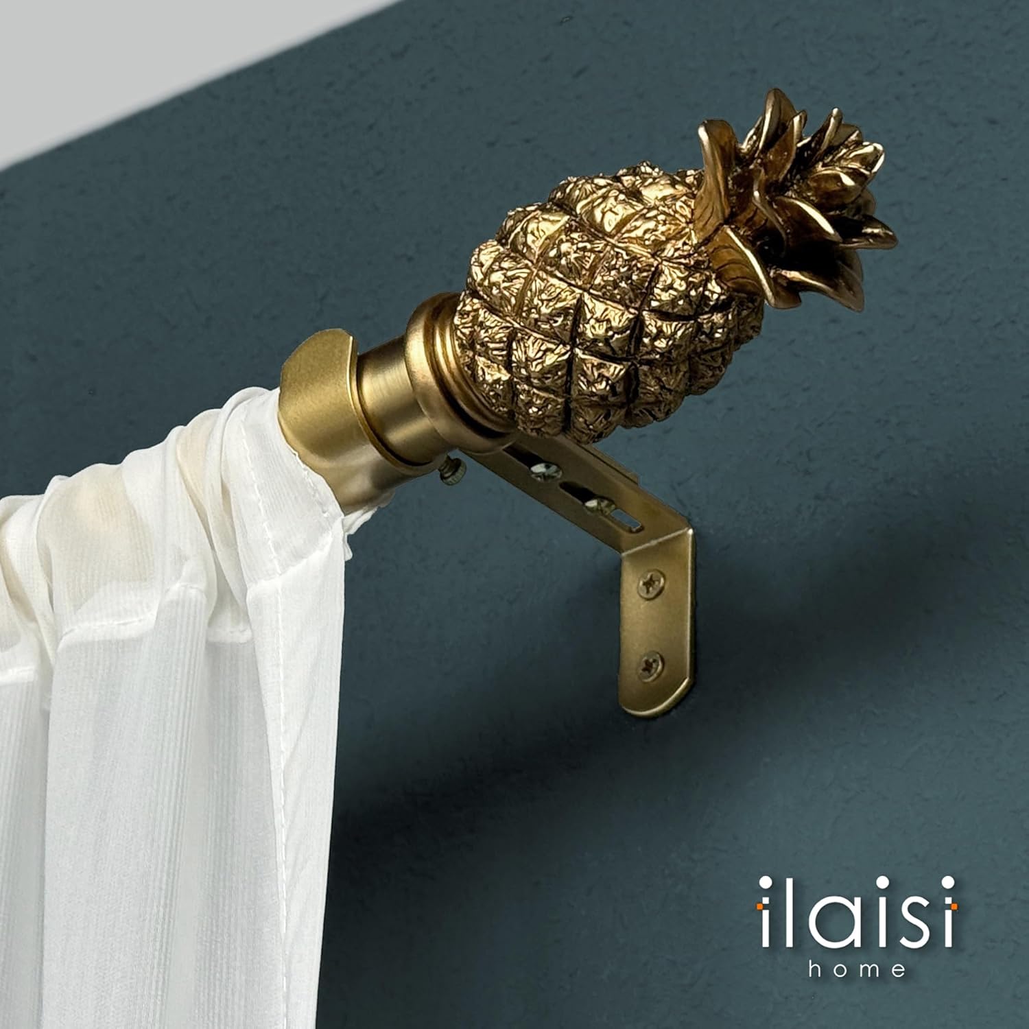 1-1/8 Inch Diameter Brushed Gold Curtain Rods with Pineapple Finial, 72-144'' Telescoping Single Curtain Rods for window width 68-140 inch, 1 pack