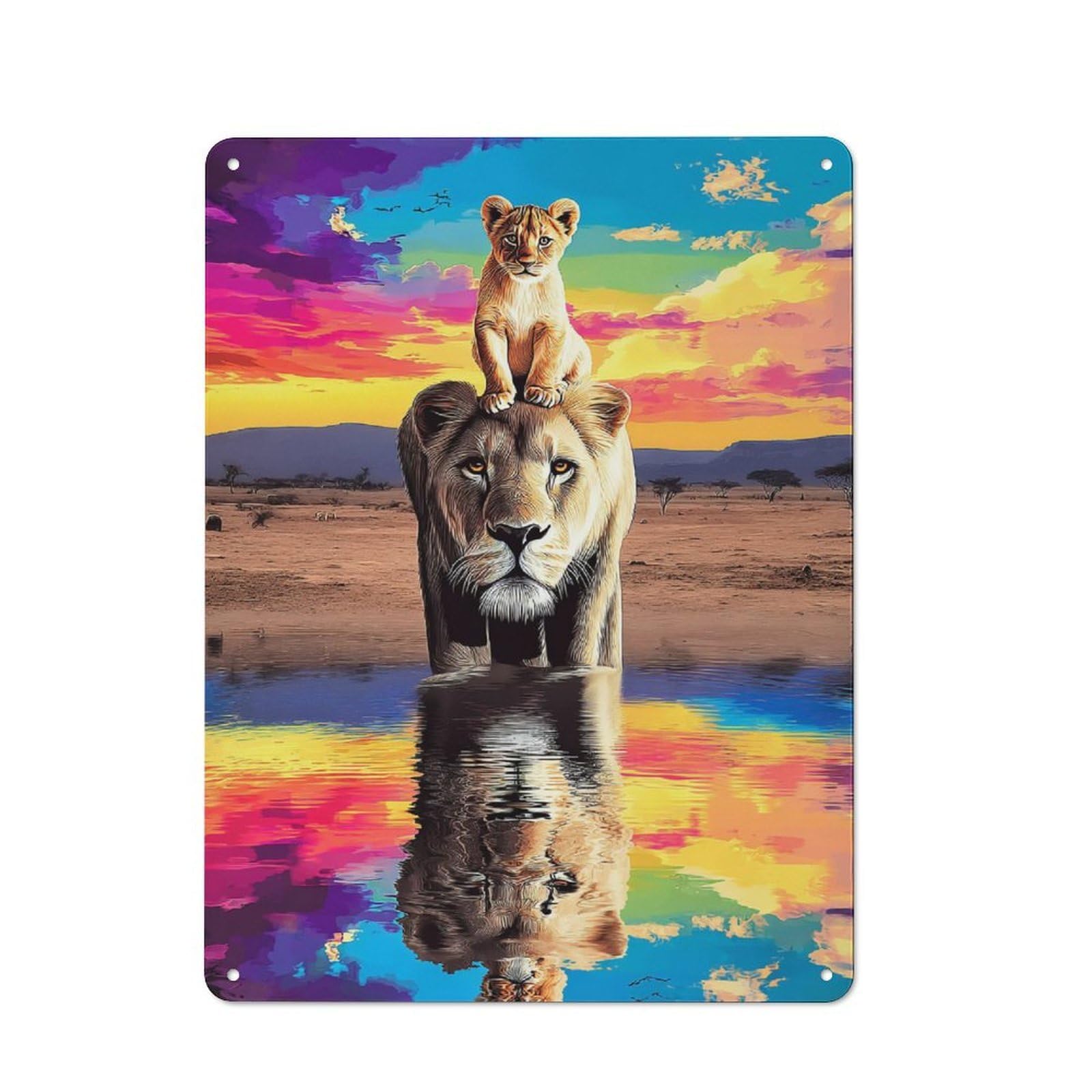 Junmoney Lioness And Cub Reflection Vintage Metal Plaque 40X30cm, Diner Style Decor For Coffee Bar, Kitchen, Bistro Or Tea Corner