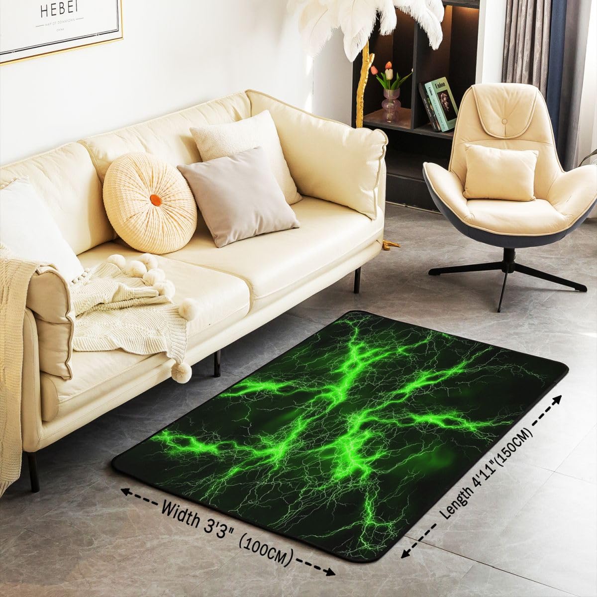 Loussiesd Tapis Salon 100x150cm Vert CorlNoir Tapis Chambre Exterieur Intérieur Lightning Antidérapant,Doux Géométrique pour Salon et Chambre Art Modernee Abstrait Lavable Luxe