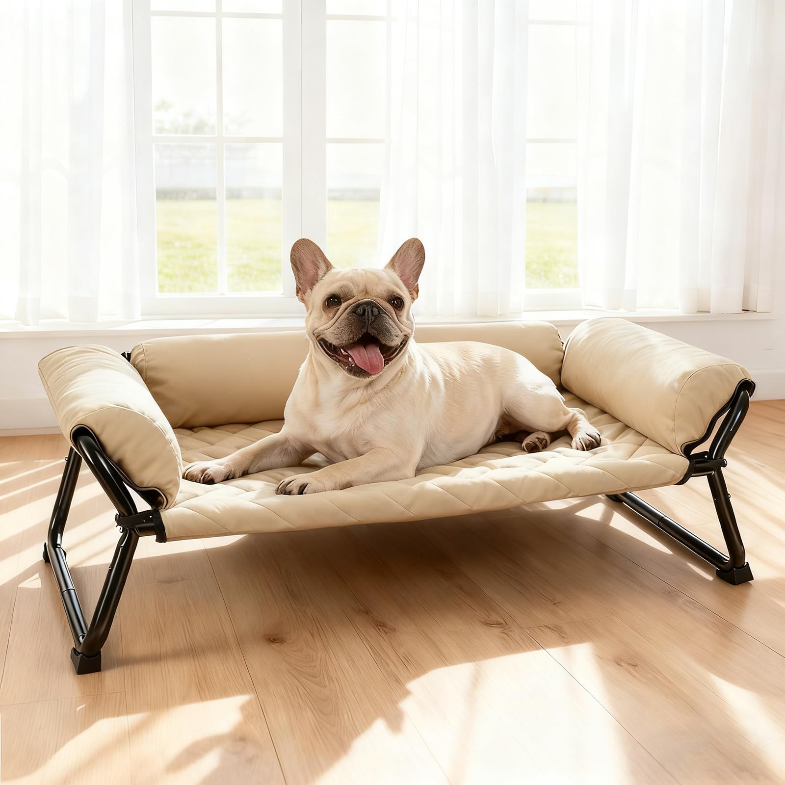 Lekereise Cooling Elevated Outdoor Dog Bed Cot + Orthopedic Indoor Small Dog Sofa Bed, Washable Cover & Sturdy X-Frame, 37x21.5inches, Medium, Beige