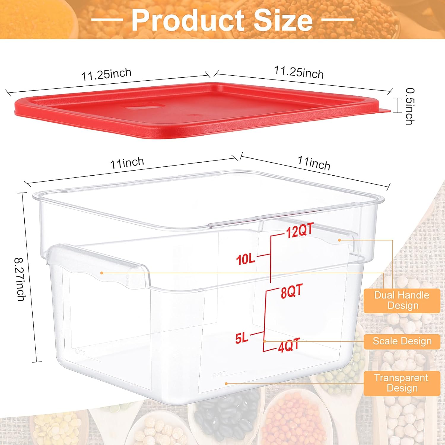 8 Sets Square Food Storage Containers with Lids Dough Proofing Bucket Commercial Polycarbonate Containers with Scale Clear Airtight Cereal for Pantry Home Restaurant (Red,12 Qt)