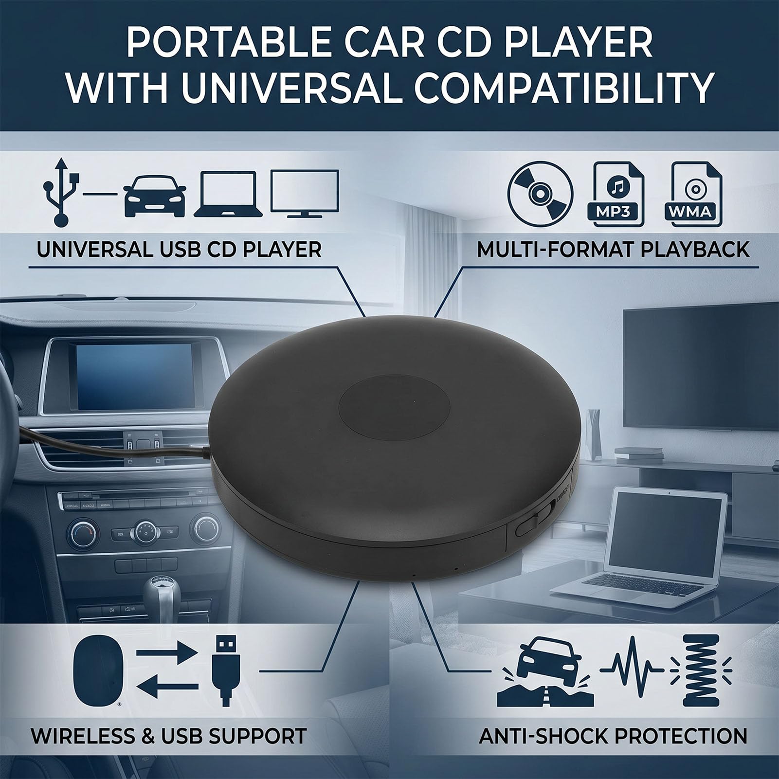Lettore CD esterno per auto, interfaccia USB Bluetooth, lettore musicale portatile antiurto, compatibile con computer portatile e TV
