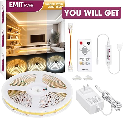 Miniatura 9 de EMITEVER COB Tira de luz LED sintonizable blanca 2700K-6500K, kit de cinta LED CCT regulable de 24 V de 16.4 pies, alta densidad 3200 LED CRI90+,
