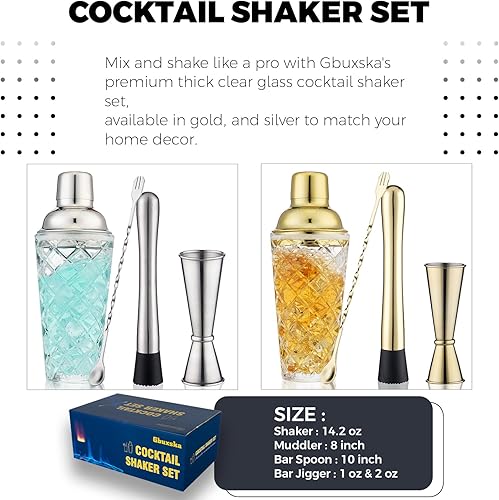 Miniatura 8 de Kit de coctelera de cristal, 14.2 onzas de Martini Mocktail con tapa de acero metálico a prueba de fugas y colador para uso doméstico y carrito de