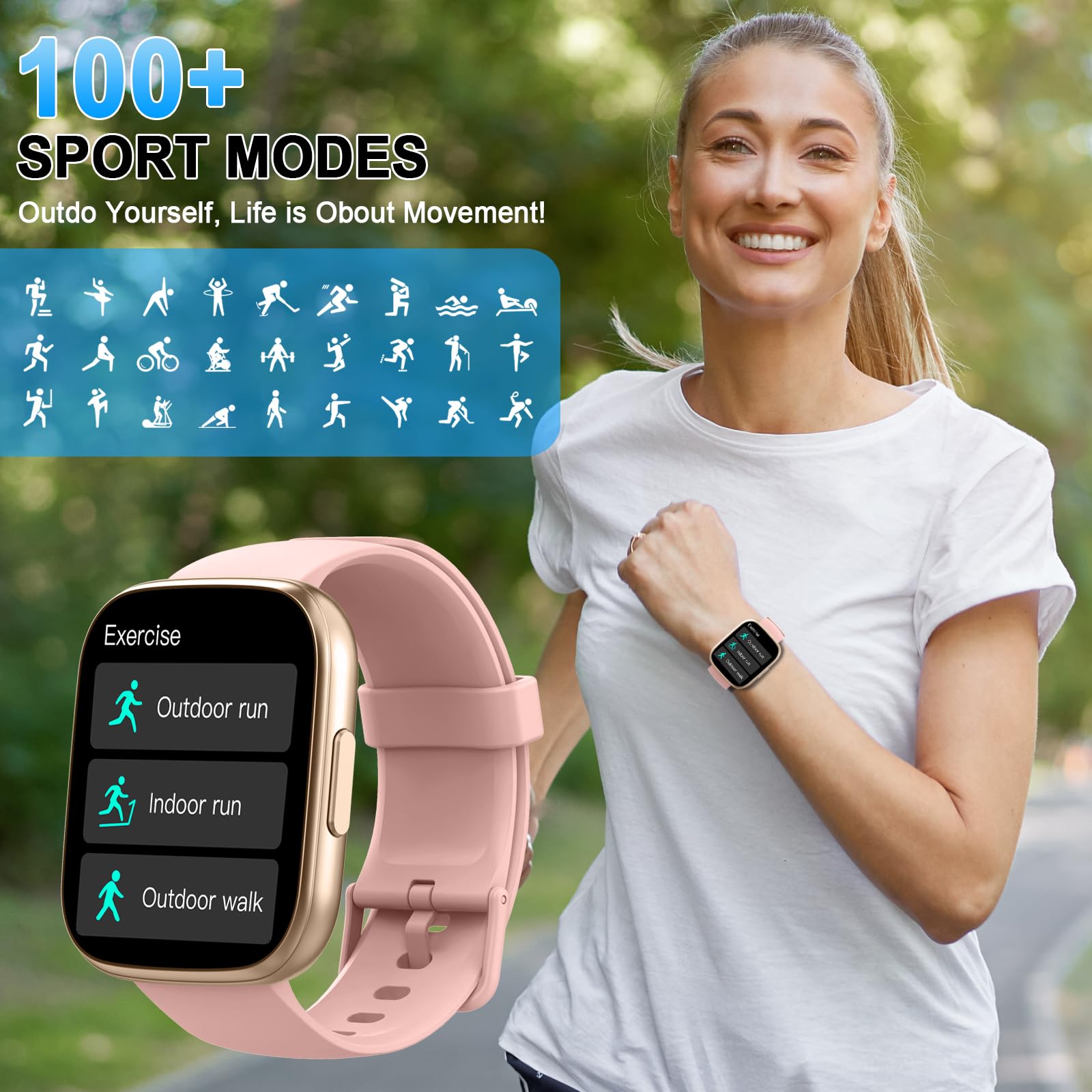 Smartwatch Uomo Donna con Effettua o Risposta Chiamate, 1.95" Orologio Smartwatch Contapassi/Cardiofrequenzimetro/Sonno, 110+ Modalità Sportivo Fitness Tracker, IP68 Smart Watch Android iOS, Oro Rosa