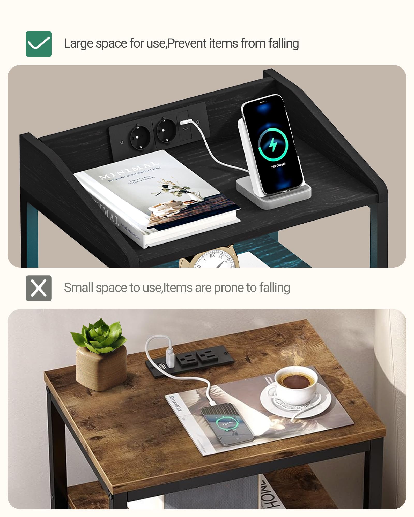 Hzuaneri Comodini con Luci LED e Stazione di Ricarica, Tavolino Moderno con Porte USB e Prese di Corrente, Comodini con Ripiano Aperto per Camera da Letto, Soggiorno, Nero NS36104B