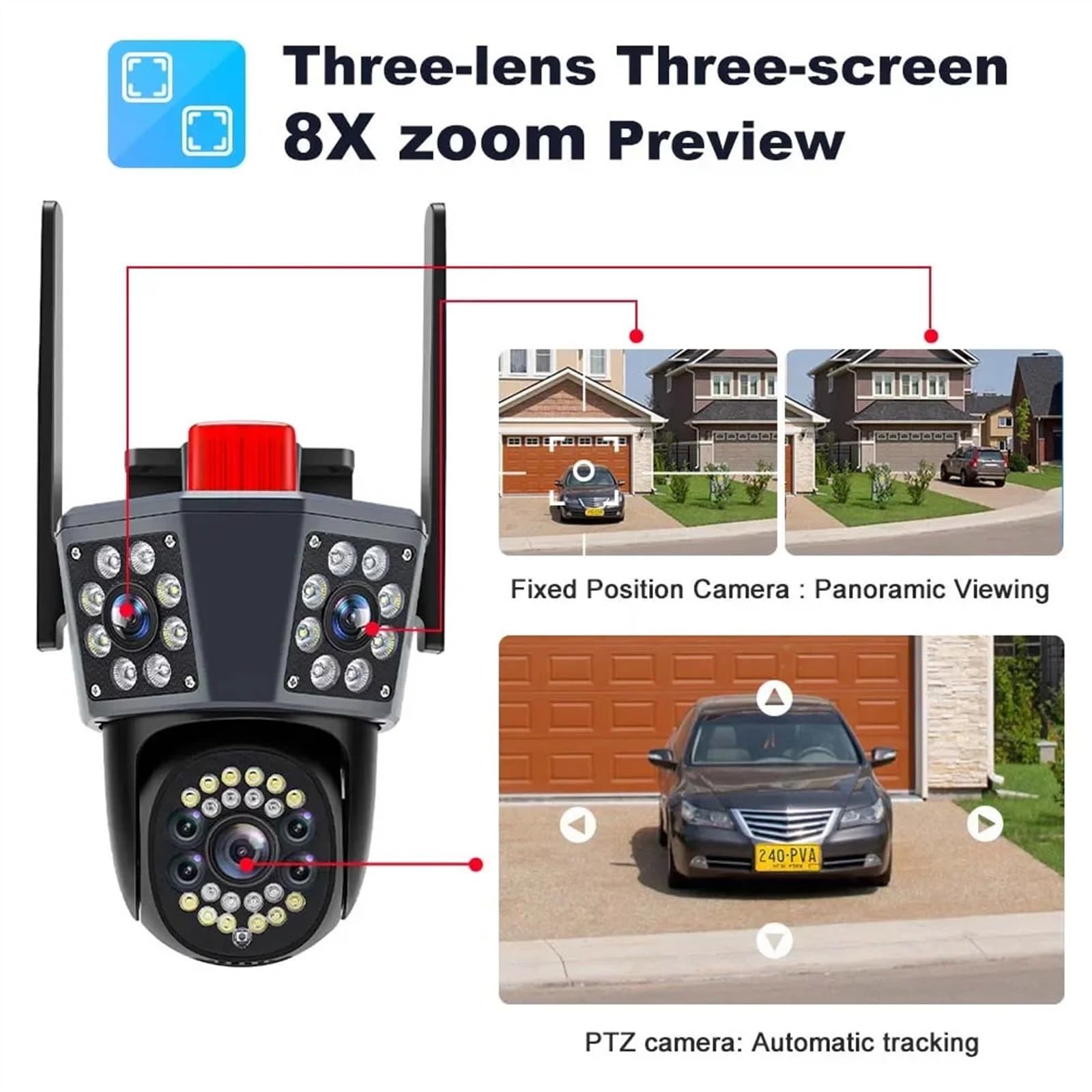 Kamera bezpieczeństwa, 12MP 6K PTZ kamera z trzema ekranami zewnętrzna trzy ekrany ochrona automatyczne śledzenie wykrywanie ruchu IP typu Survalance(Camera Add 32G SD)