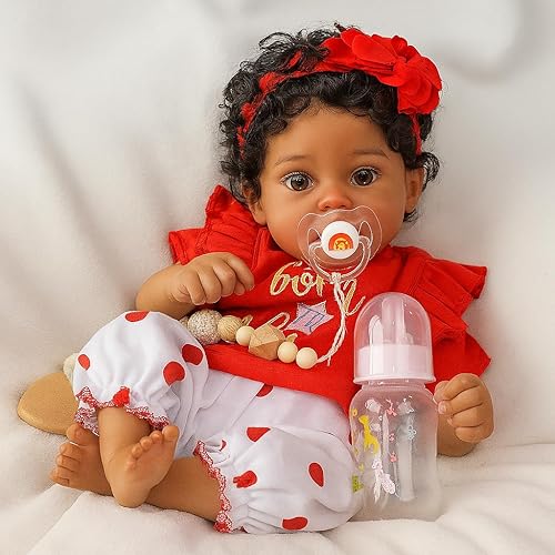 Miniatura 10 de SCOM Lifelike Reborn Baby Dolls - Saskia 23 inch Realistic Toddler American African Black Gril Baby with Cloth Body Vinyl Limbs Yellow Knit Clothes