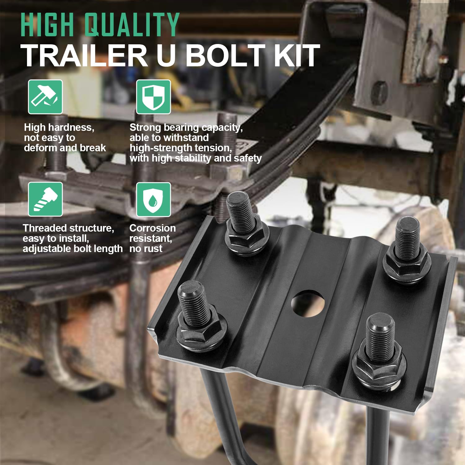 Trailer U Bolt Kit, 7 Inch Long U-Bolts, 3” Round Axle, 1/2” Diameter, 2” Thread Pitch, for 5,200-7,000 lb Trailer Axle, 20080, 2-Pack