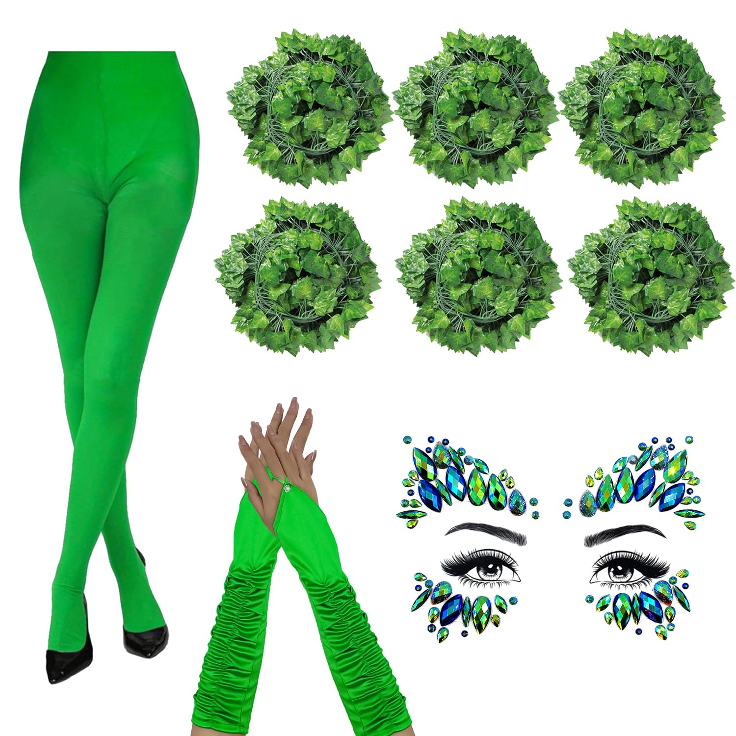 Bohue 9pcs Halloween Green Cosplay Costume Green Tights Fingerless Glove Halloween Face Tattoo Artificial Ivy Vines Cosplay Ivy Costume for Women Girls