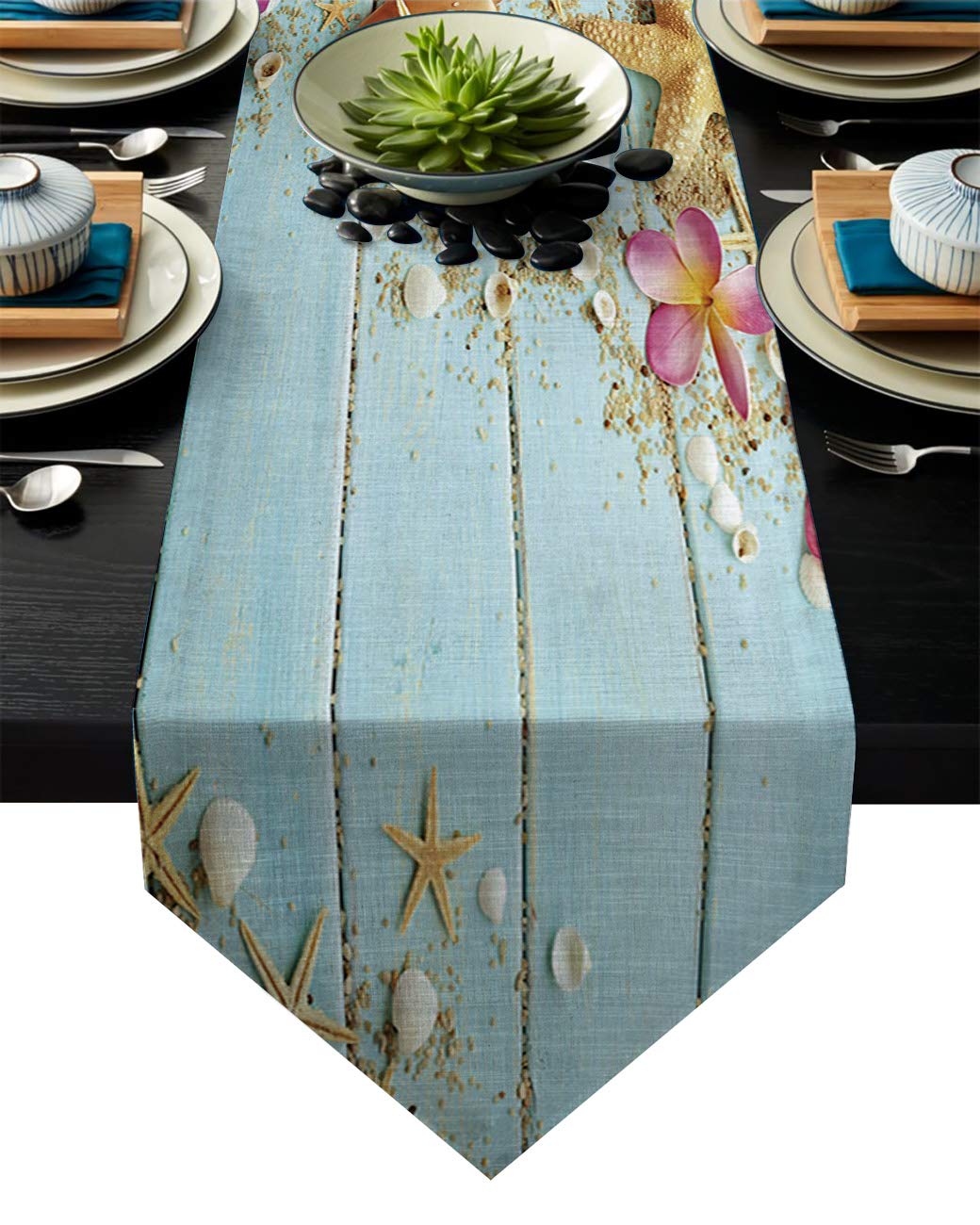 Chic D Beach 90inch Table Runner, Aqua Seashell and Starfish on The Coastal Cotton Linen Table Setting Decor for Wedding Party Holiday Dinner Home, Machine Washable.