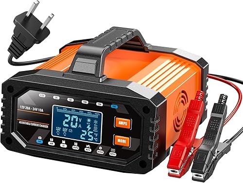 Cargador de batería de coche 20A 12V/24V Corriente ajustable 0.5A-20A LiFePO4 Mantenedor de batería completamente automático, cargador inteligente