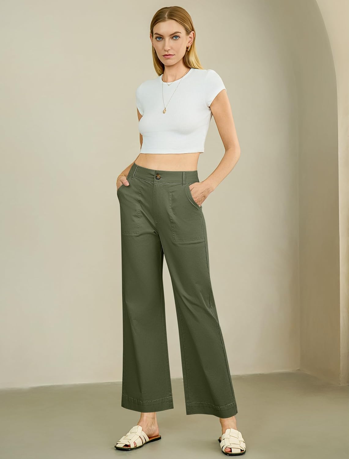 Eddoyee Womens Wide Leg Ankle Pants, High Waisted Straight Leg Stretch Casual Elastic Waist Cropped Pants - Image 6