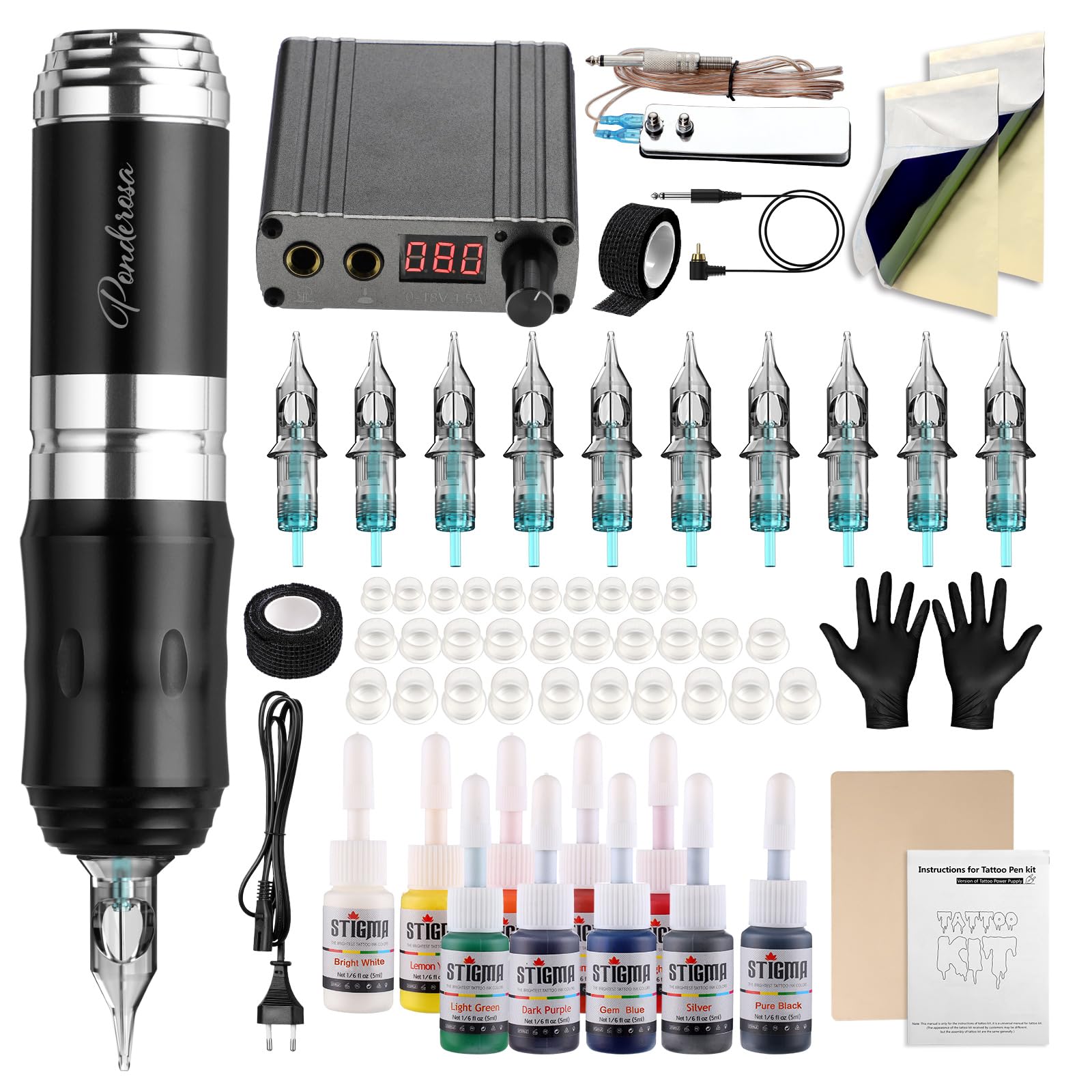 STIGMA Rotary Tattoo Machine Kit with 10pcs Cartridges & Digital Display - Perfect for Beginners & Professionals