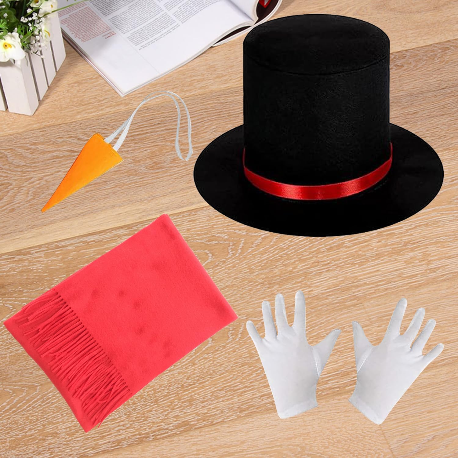 NAUZE 11Pieces Snowman Costume Kit Black Top Hat with Band Carrot Nose Scarf Gloves Pom Pom Balls DIY Snowman Props for Cosplay Costume - Image 3