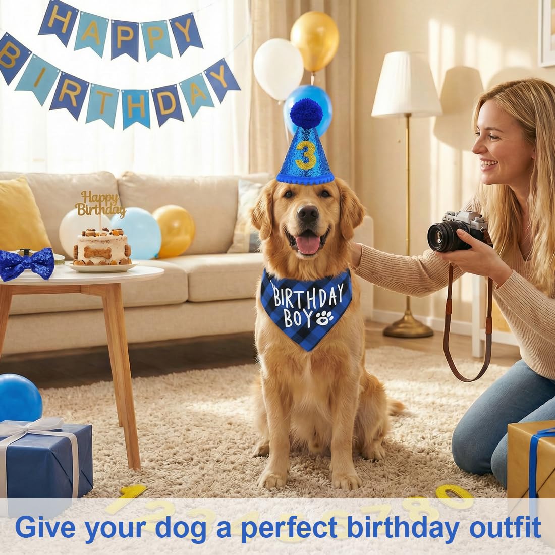 Set di cappello e bandana per compleanno cane, 3 pezzi, con 9 numeri glitter, decorazioni per festa cane, bandana compleanno cane, cappellino compleanno cane (Blu)