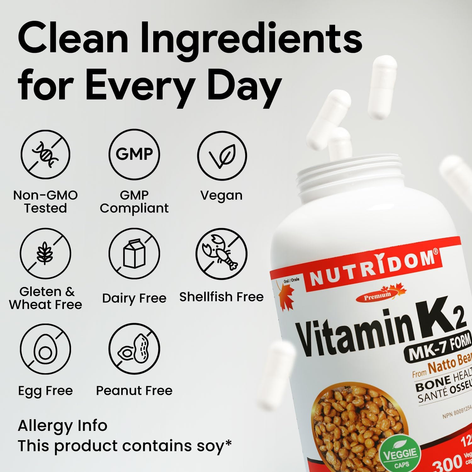 Nutridom Vitamin K2 120mcg, MK-7, Menaquinone-7, Natto Derived K2, Non-GMO, Vegan, Gluten Free, Dairy Free, 300 Veggie Capsules - Image 5