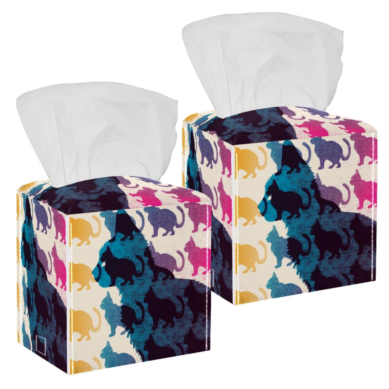 Cats Silhouette Tissue Box Cover, 2 Pack PU Leather Square Facial Tissue Dispenser Box holder for Home Office Car