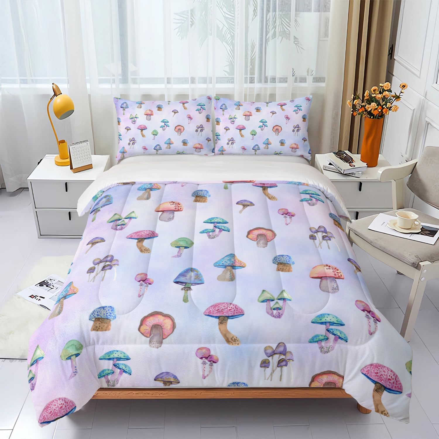 Nttopship 3 Piece Colorful Mushroom Comforter Set with 2