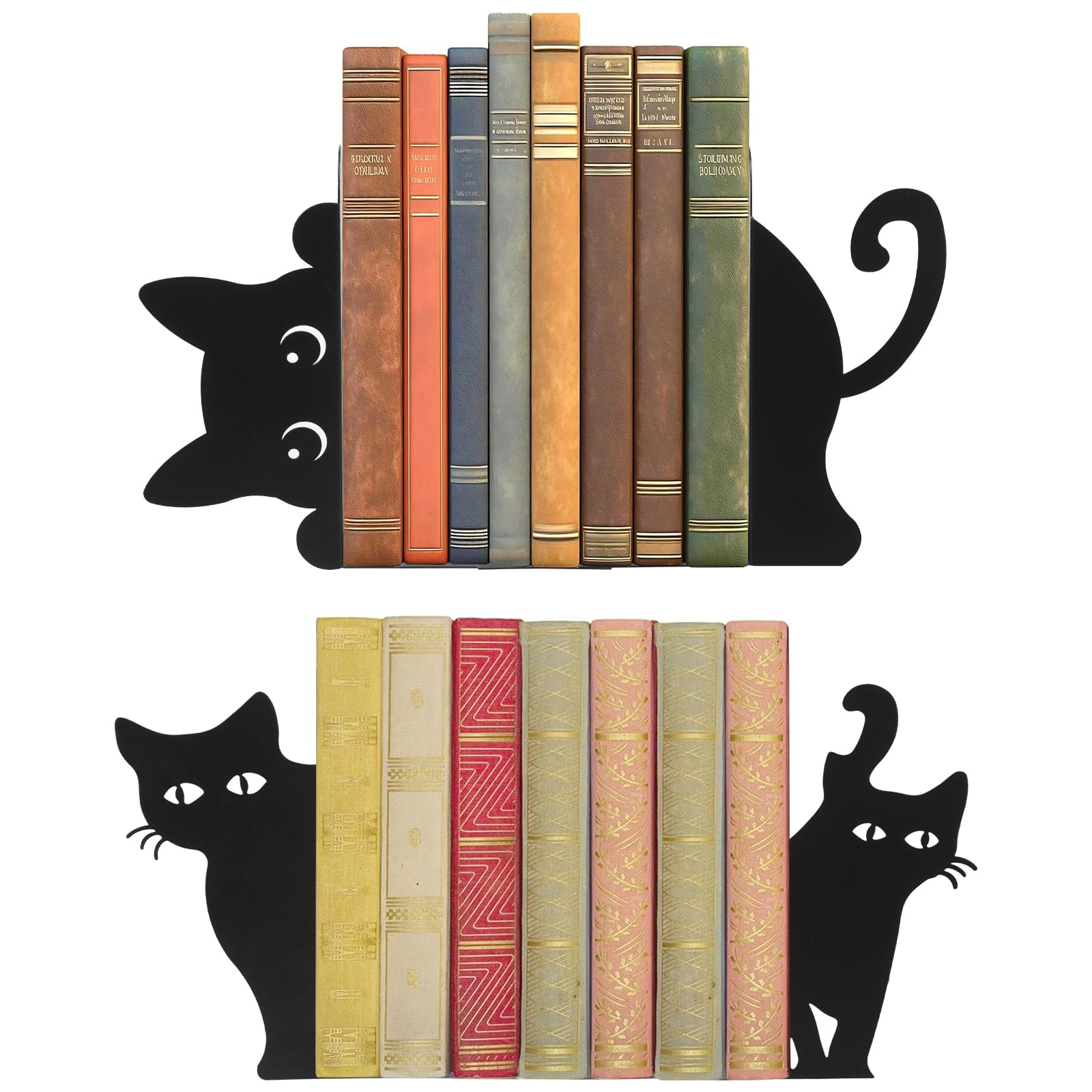 2 Pair Peeping Cat Metal Bookends Cute Black Cat Book Ends for Shelves Bookshelf Decorative Object Home Office Desk Bookshelf Decor Kitten Lover Present for Women
