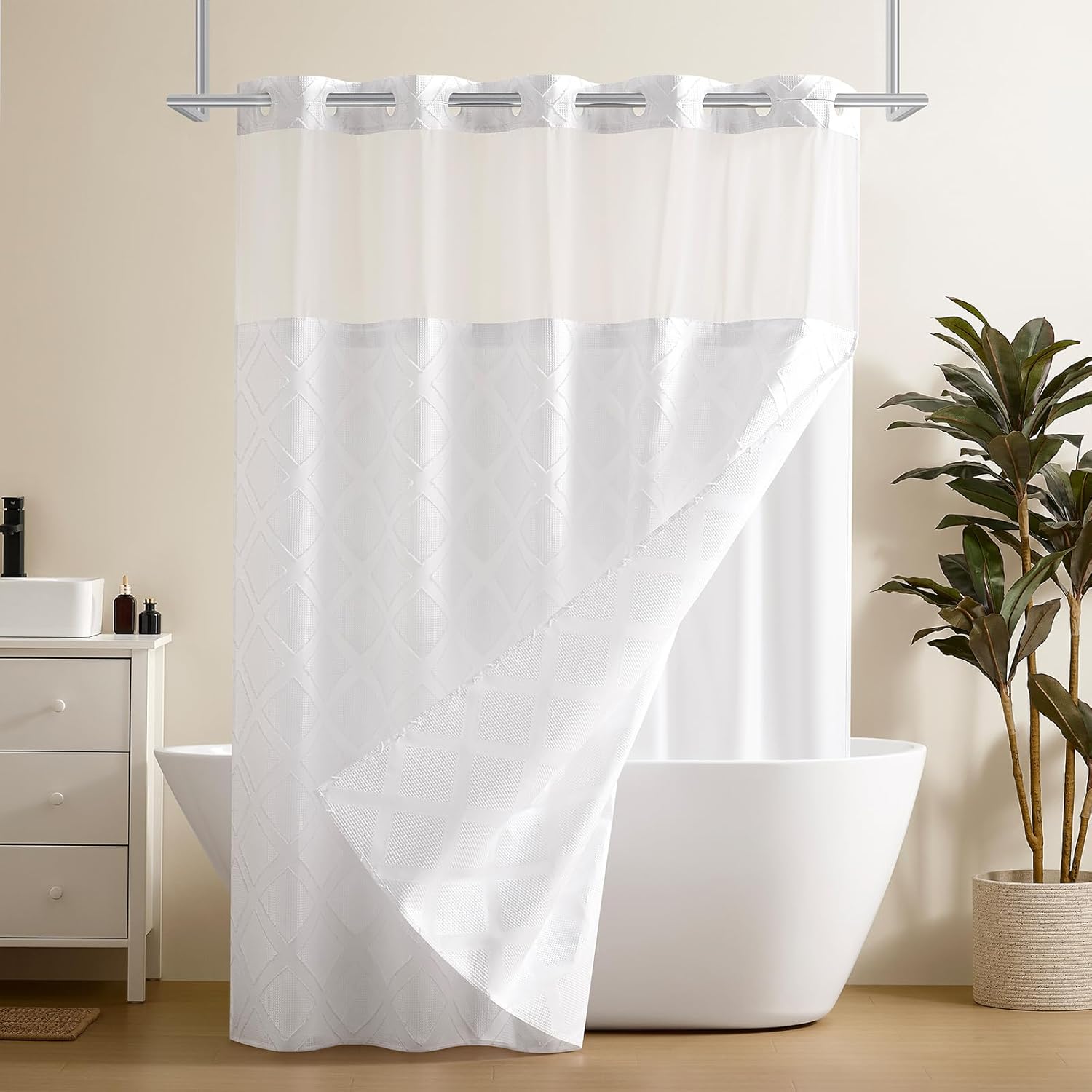 downluxe No Hook Shower Curtain with Snap in Liner,White Waffle Fabric Shower Curtain Set for Bathroom,Hotel Style Double-Layer Waterproofing Curtains 71W x 80L