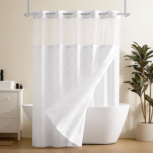 downluxe Cortina de ducha sin gancho con forro a presión, juego de cortina de ducha de tela de gofre blanca para baño, cortinas impermeables de