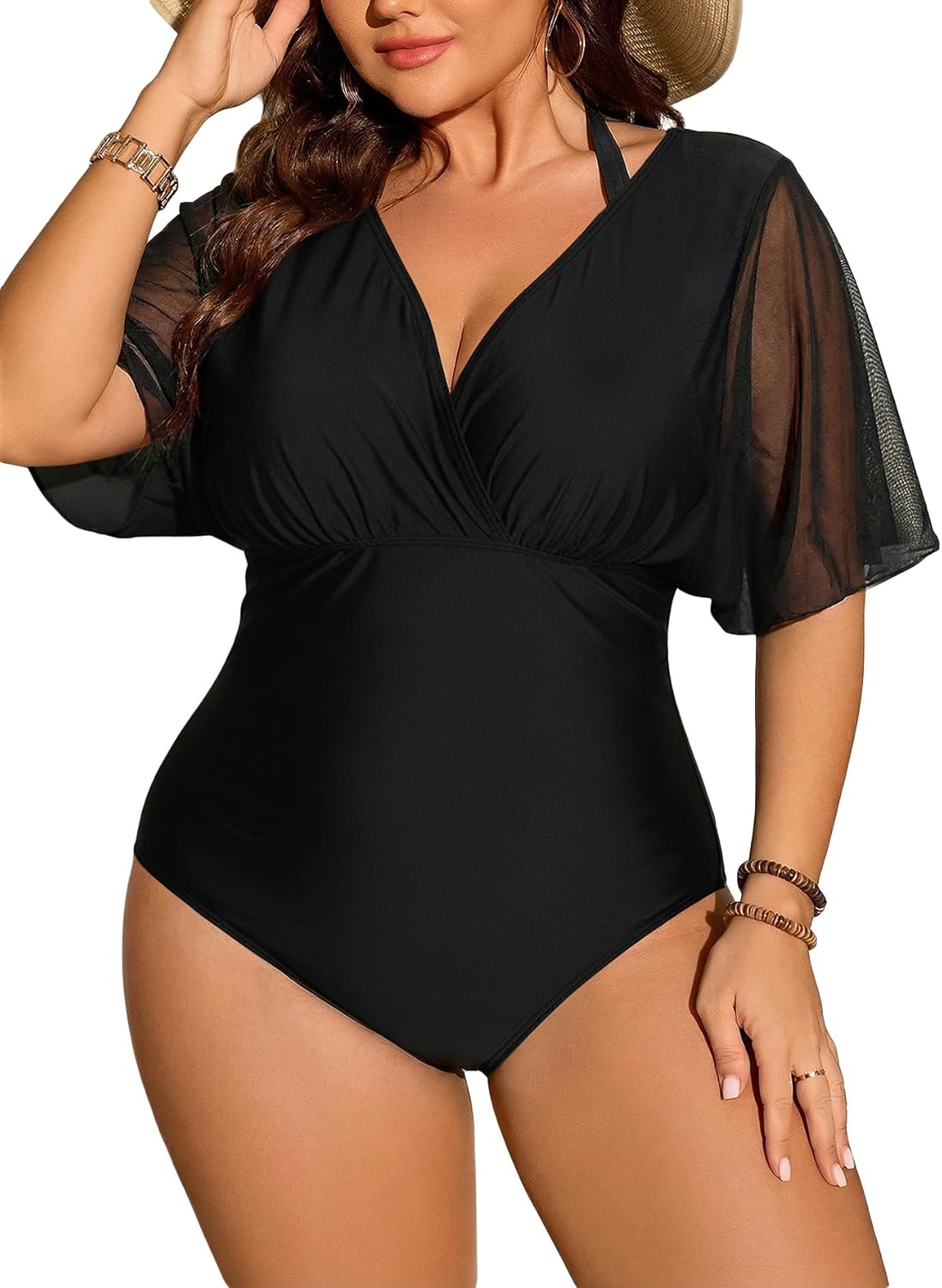 Floerns Women's Plus Size One Piece Swimsuit Floral Print Halter Tie Back Short Sleeve Beachwear