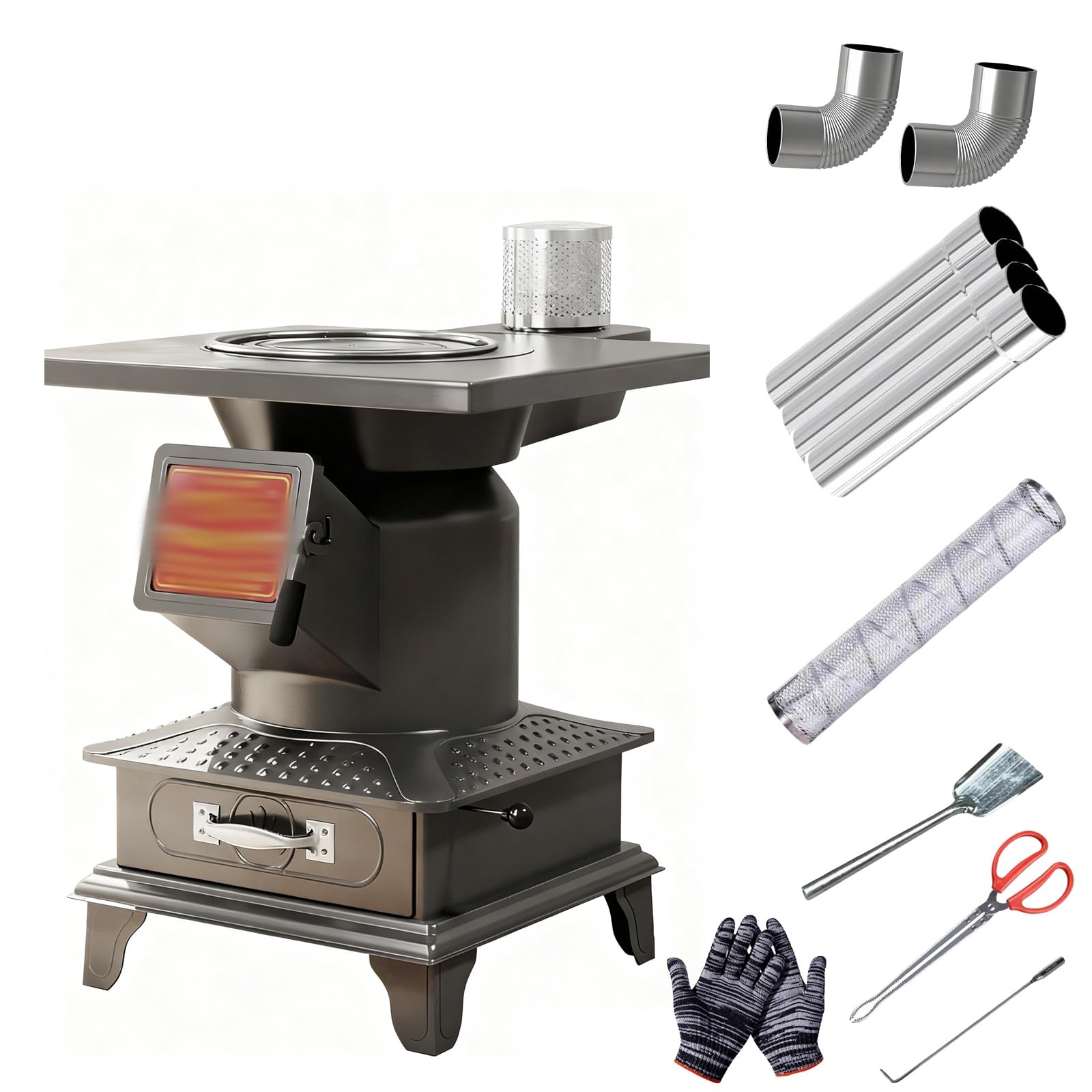 Stufa a Legna Ventilata in Acciaio Laminato a Freddo, Stufa a Legna Piccola, Include Camino e Accessori, per Tenda, Villa, Rifugio, Riscaldamento, Cucina Quotidiana(47 * 47 * 52cm/18 * 18 * 21in)