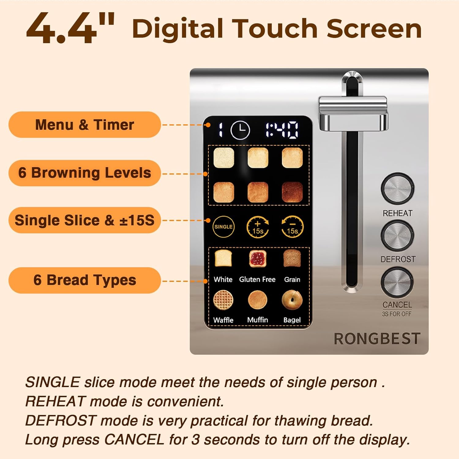 2 Slice Touch Screen Toaster Stainless Steel with Wide Slots, Even Toasting for Bagels & Bread, Defrost & Reheat, Easy Removable Crumb Tray, Matt Black