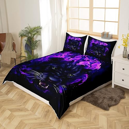 Miniatura 2 de Juego de ropa de cama de leopardo de pantera negra para niños y niñas, funda de edredón de guepardo de safari, funda de edredón azul fuego salvaje,
