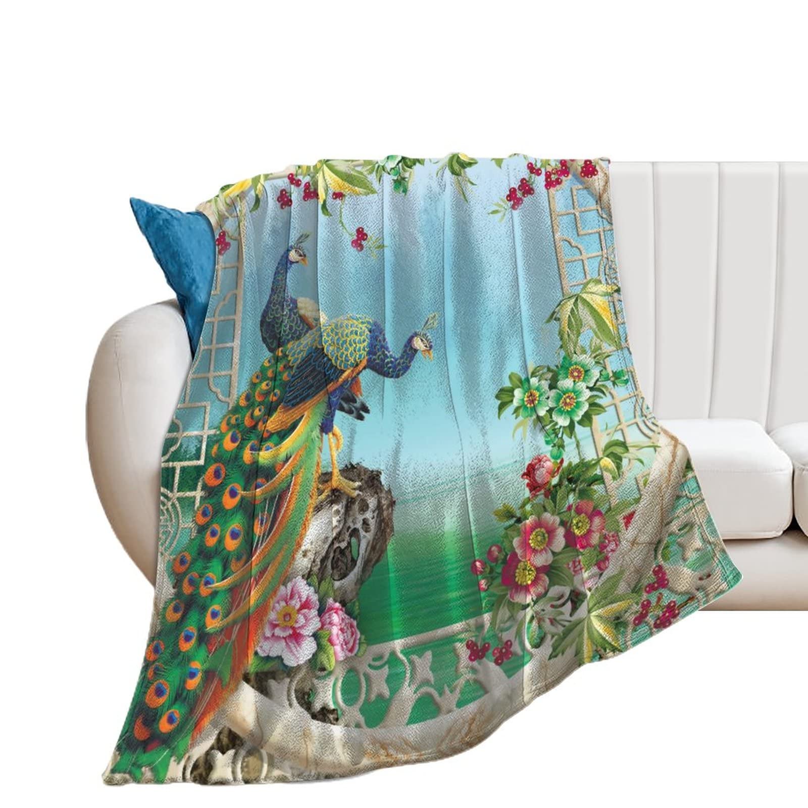 Plaid canapé paon en couverture polaire flanelle douce 130x150cm
