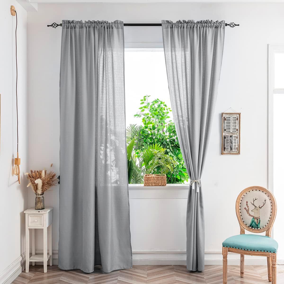 Yancorp Light Grey Curtains 96 Inch Length for Living Room 2 Panels Linen Textured Sheer Curtain Set Light Filtering Semi Sheer Drapes Curtains for Bedroom(Light Grey,W52 X L96)