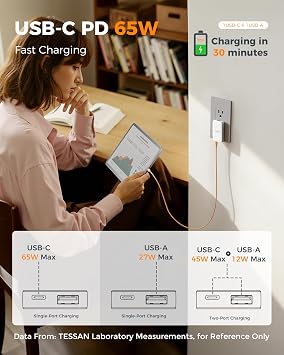 USB C Flat Wall Charger PD 65W, TESSAN Flat Fast Phone Charger Foldable | 1 USB C and 1 USB A Port, Outlet Adapter, Fast Charging Block, 0.57'' Ultra Slim Charger for iPhone 17/16/15 Series, Samsung