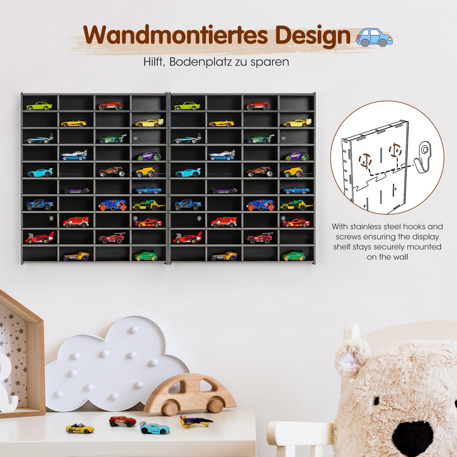 Krafetto Display Regal Setzkasten für 40 Modellautos, Schwarz 2 Stück | Autos Vitrine und Organizer für Spielzeugautos; zur Wandmontage und übersichtlichen Sammlung.