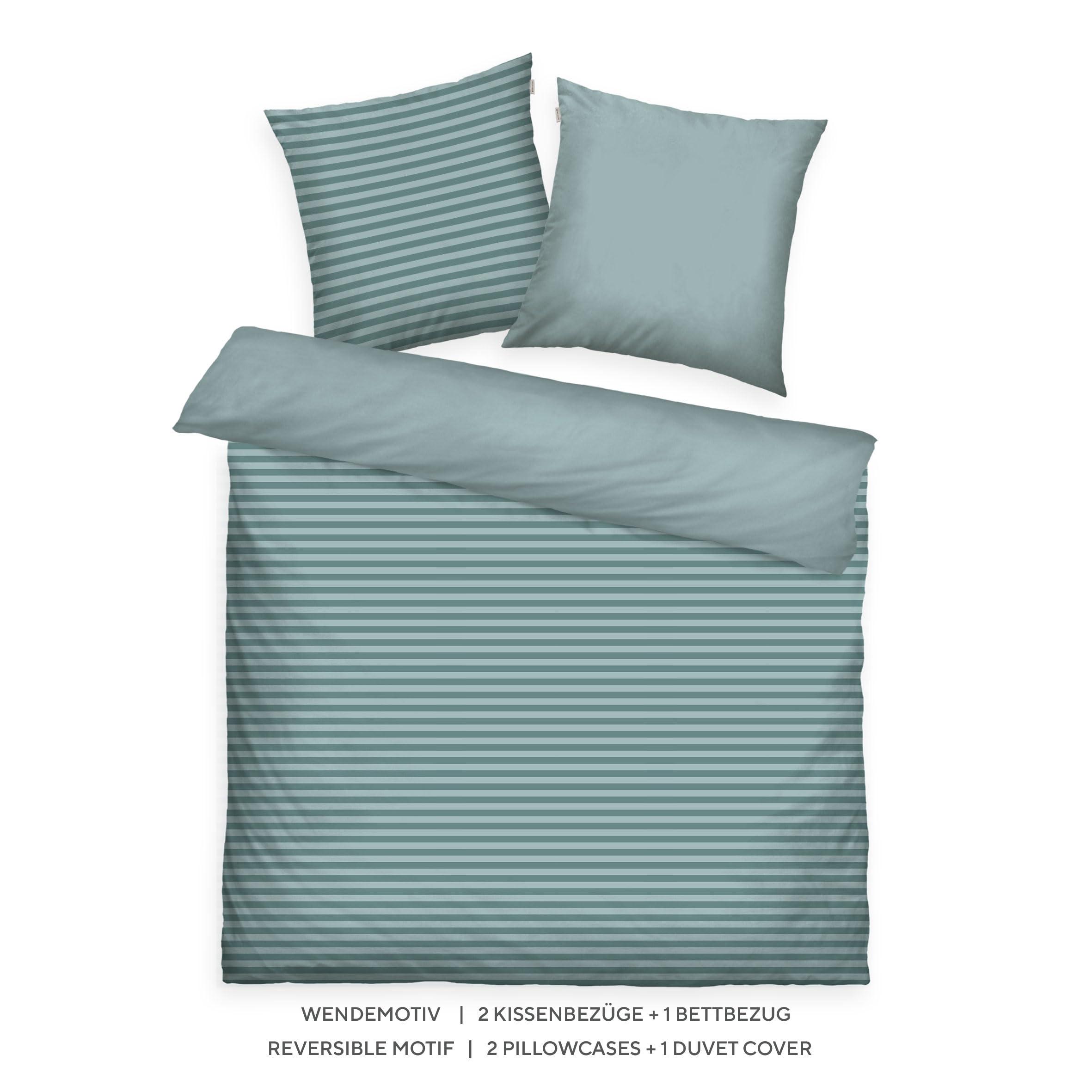 TOM TAILOR Renforcé-Bettwäsche, 2 * 80x80 + 200x220 cm, 100% Baumwolle/Renforcé, mit Wendemotiv und farbigem Reißverschluss, MEDIUM Stripes Türkis (Fresh Sage, Smokey Sage)